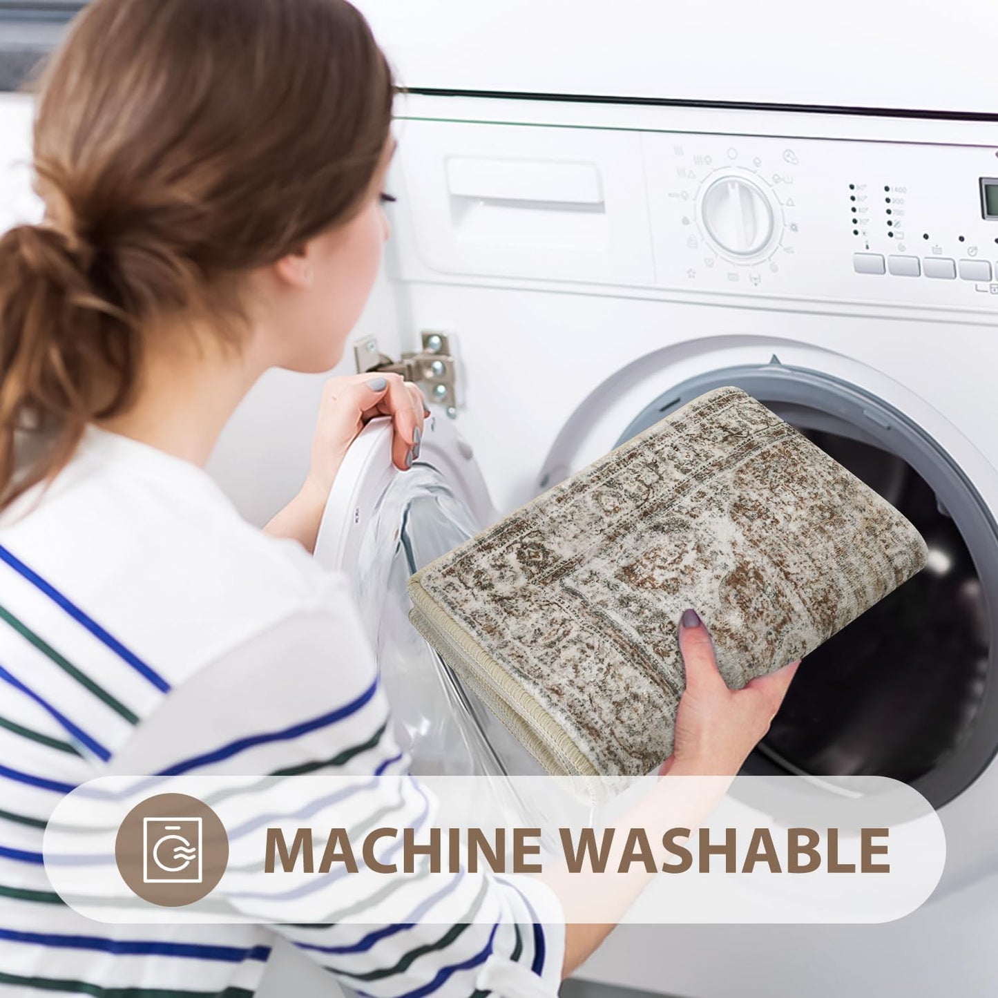 Uphome Bathroom Runner Rug, Distressed Tribal Farmhouse Khaki Bathroom Mat, Large Bathroom Rugs Non Slip Washable, Oriental Retro Boho Bath Mat Runner for Bathtub Sink Hallway, 24x59 inch