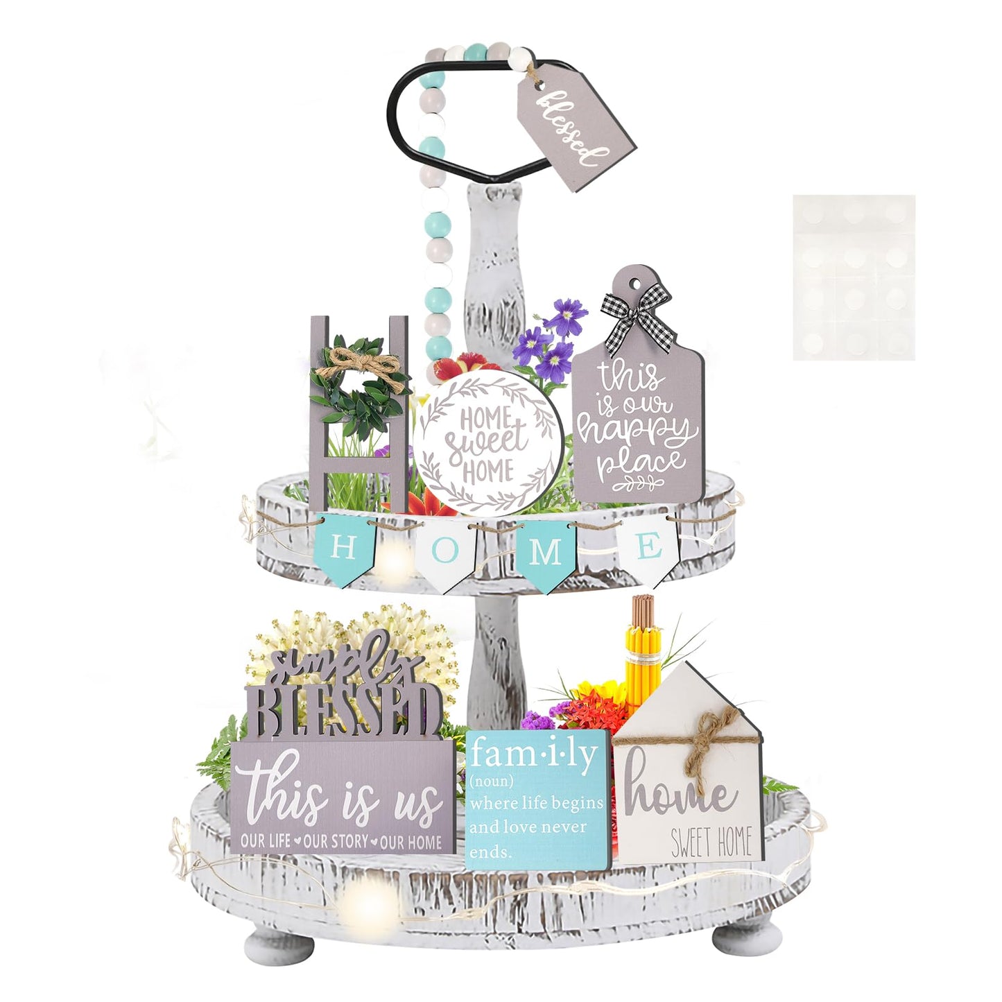 13 Pcs Farmhouse Tiered Tray Decor Set, Kitchen Table Decorations with String Lights, Home Rustic Wooden Signs Decorative for Centerpiece Table Bar Housewarming