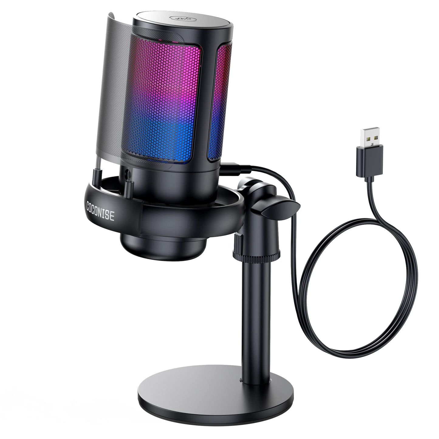 Gaming Microphone, USB PC Mic for Podcasts Videos, Streaming, Condenser Mic with Quick Mute, Tripod Stand, Pop Filter, RGB Indicator, Shock Mount, Rotate gain button, Compatible with PS4/5/PC
