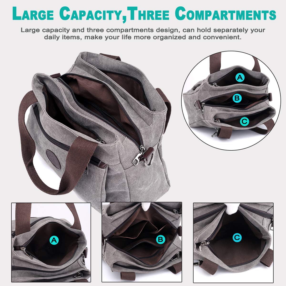 DOURR Hobo Handbags Canvas Crossbody Bags for Women, Multi Compartment Tote Purse Medium Satchel (Brown)