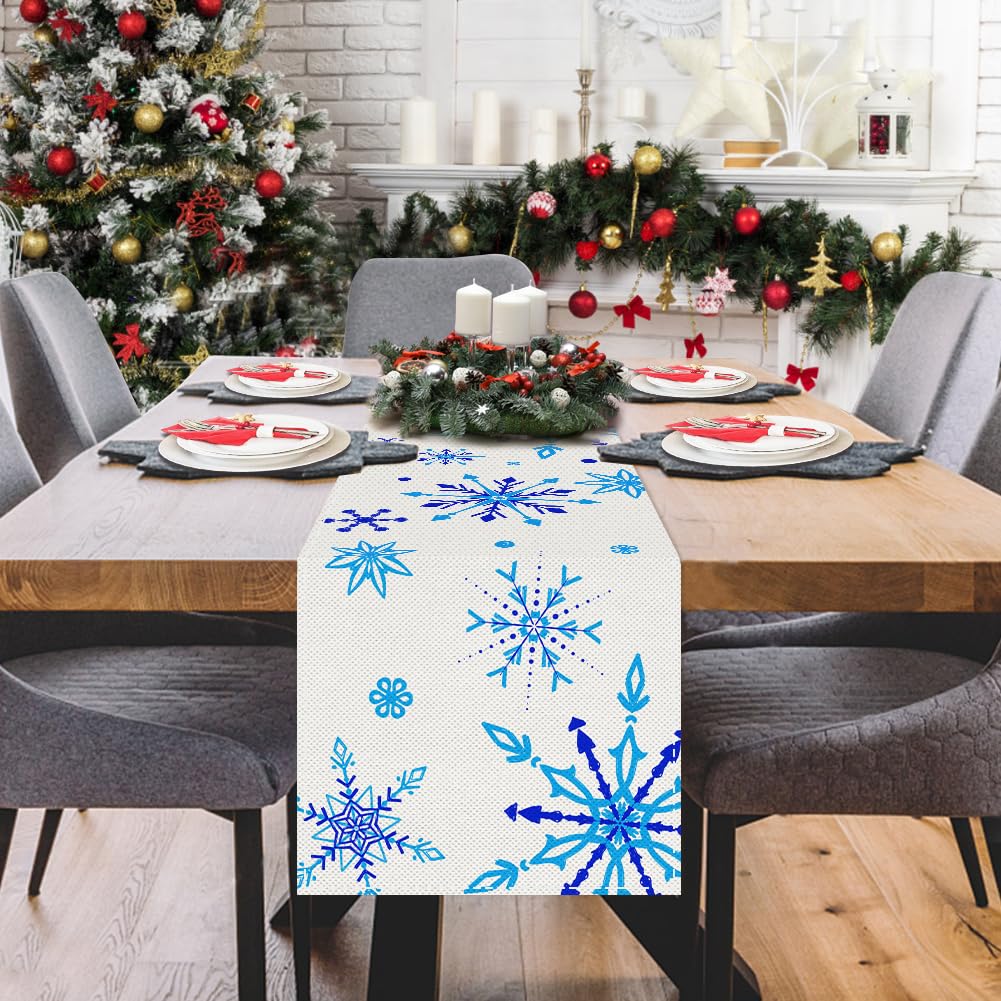 Labeol Snowflake Table Runner, 72x13 Inch White and Blue Christmas Table Runner for Christmas Party Kitchen Dinner Decor (Blue)