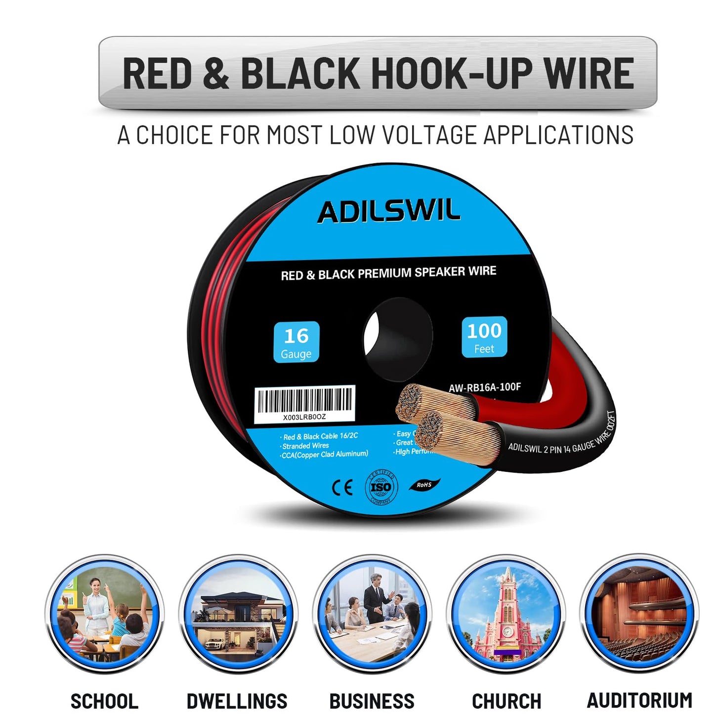 16AWG 100FT Speaker Wire, 2 Conductors Electrical Red Black Cable Hookup LED Lighting Strips Flexible Wire Extension Cord 16 Gauge Copper Clad Aluminum Copper Wire 12V/24V DC Cable