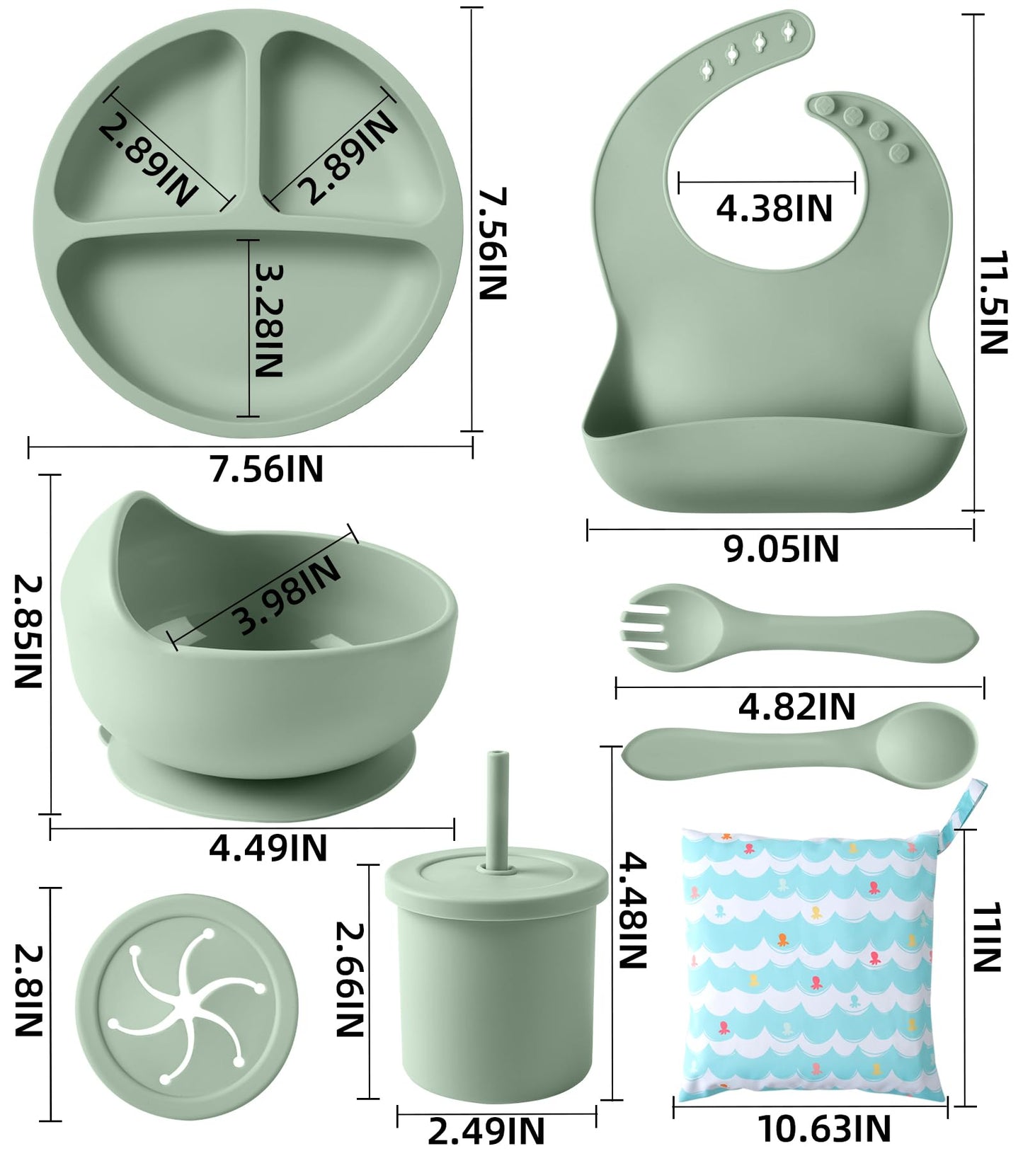 Silicone Baby Feeding Set, 10 Pcs Baby Led Weaning Supplies with Suction Bowl Divided Plate Adjustable Bib Soft Spoon Fork Snack Cup with Lid Drinking Cup, Utensil (Dark Green)