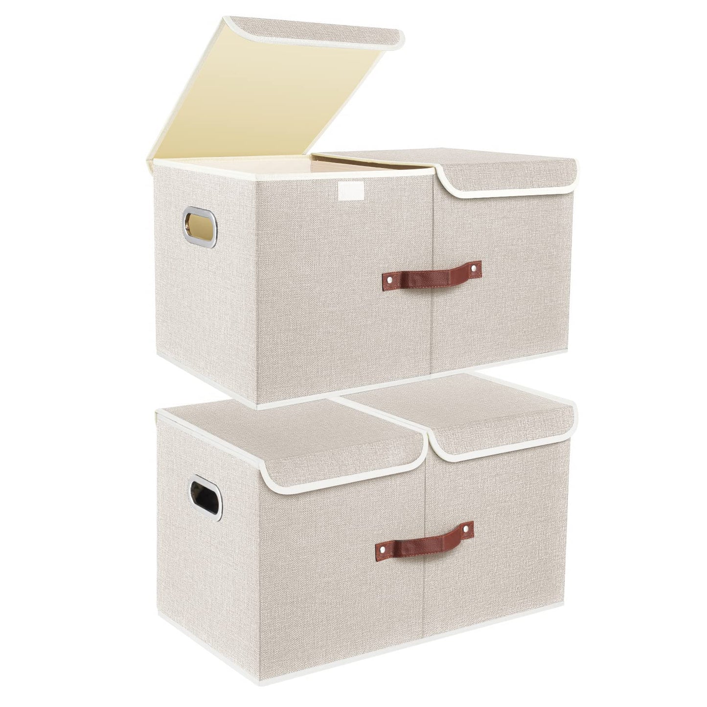 TYEERS Extra Large Collapsible Storage Bins with Lids and Compartments, Washable, Fabric Storage Boxes, 21.7x13x11.8 inches, 2 Pack, Beige