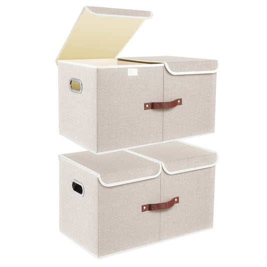 TYEERS Extra Large Collapsible Storage Bins with Lids and Compartments, Washable, Fabric Storage Boxes, 21.7x13x11.8 inches, 2 Pack, Beige