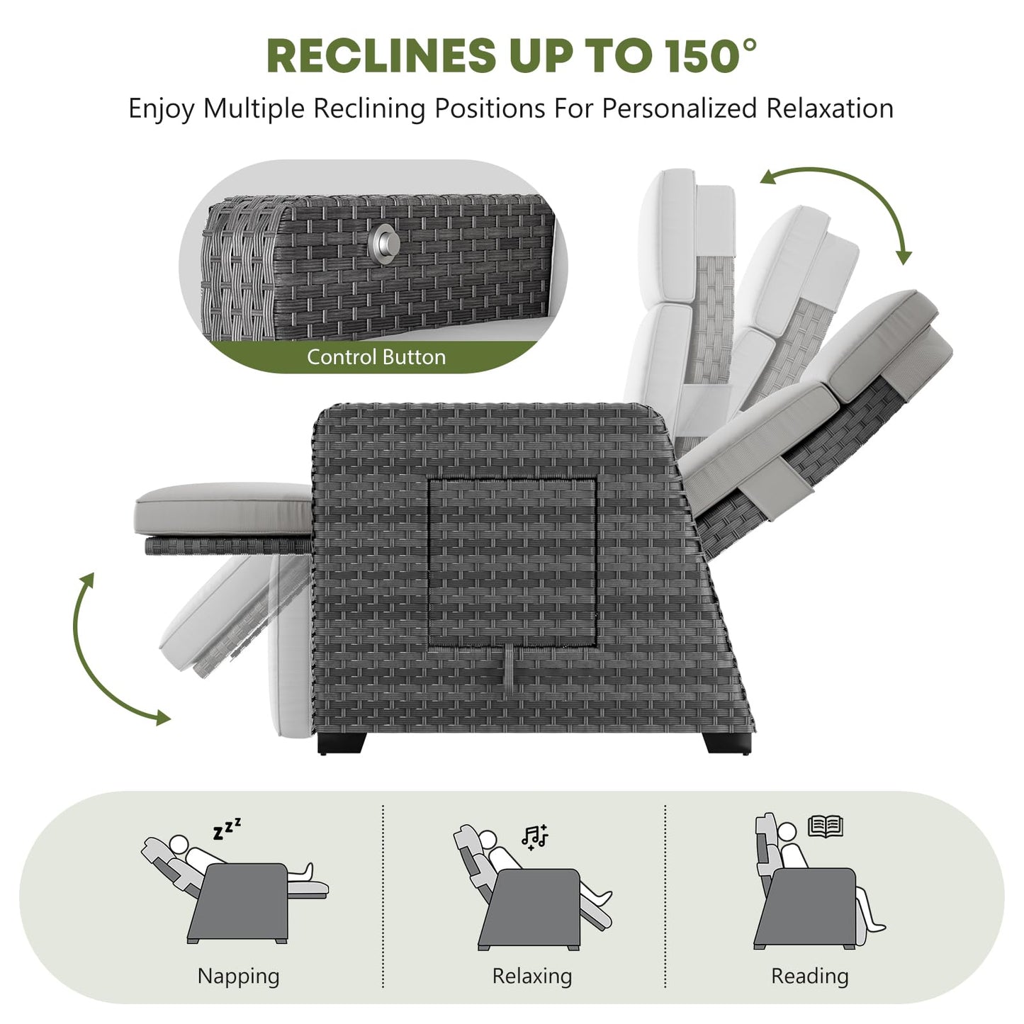 Outdoor Recliners Set of 2 - Wicker Patio Reclining Chairs with Flip-Up Side Table, 150° Lay-Flat Position, Extended Footrest & Removable Gray Olefin Cushions