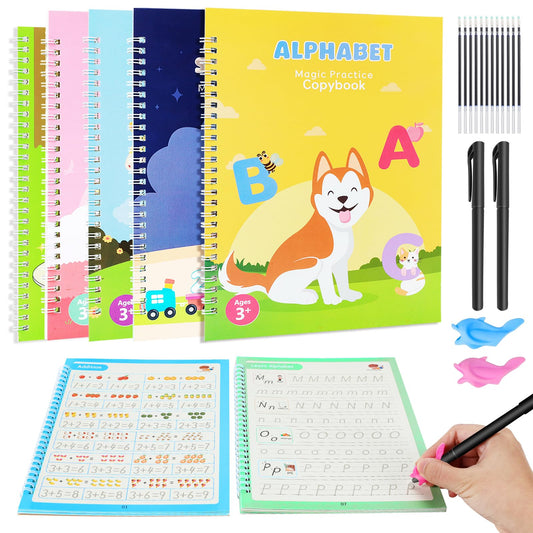 5 Pack Large Magic Workbook Grooved Handwriting Practice Books with Pens - Reusable Copybook Set to Improve Writing Skills - Ideal for Preschool Kindergarten Children Ages 3-8