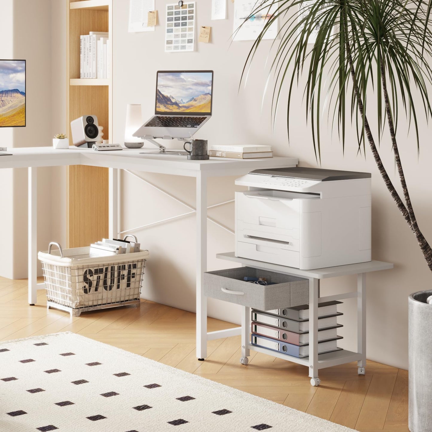 YAOHUOO 22"x15" Large Printer Stand with Storage Drawer, 2-Tier Under Desk Table for Home Office, Fits Fax Machine/3D Printer/Scanner (White)