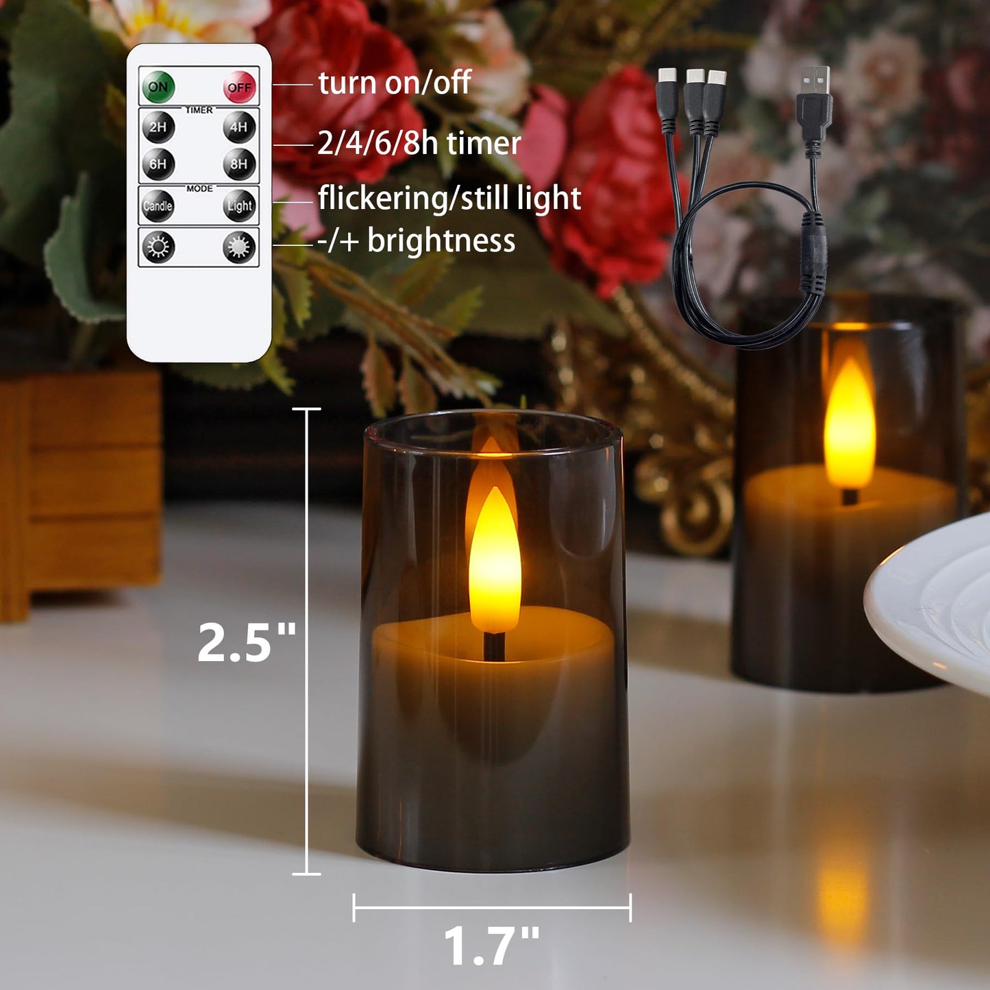 Wroxipel Rechargeable Acrylic Flameless Votive Candles with Timer & Remote Control, 1.7" x2.5" Flickering LED Warm Glow Tealight for Home, Wedding, Holiday Decor (Set of 6, Grey)