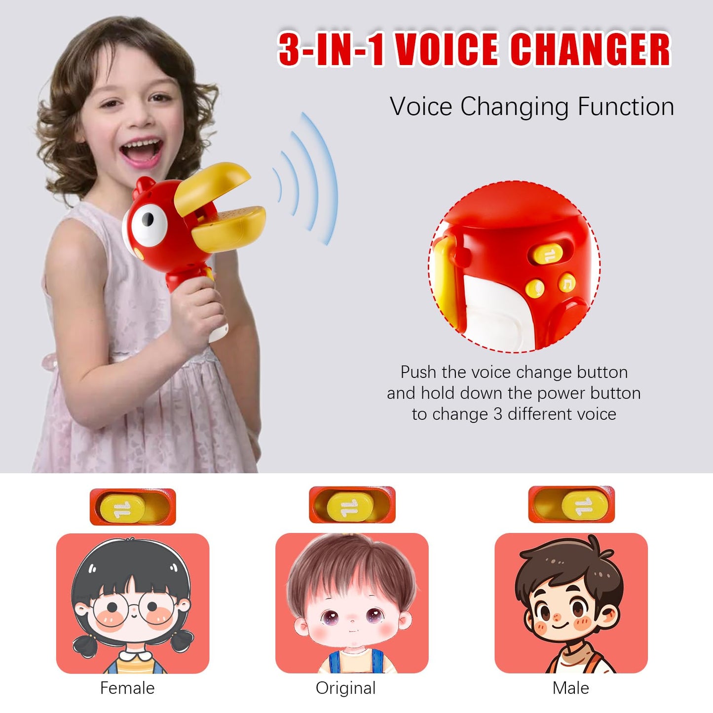3-IN-1 Voice Changer for Kids, Cartoon Bird Voice Changing Device for Boys & Girls Voice Changer Toy with 3 Different Voice Effects - Megaphone Bullhorn | Recorder | Voice Changer for Pranks (Red)
