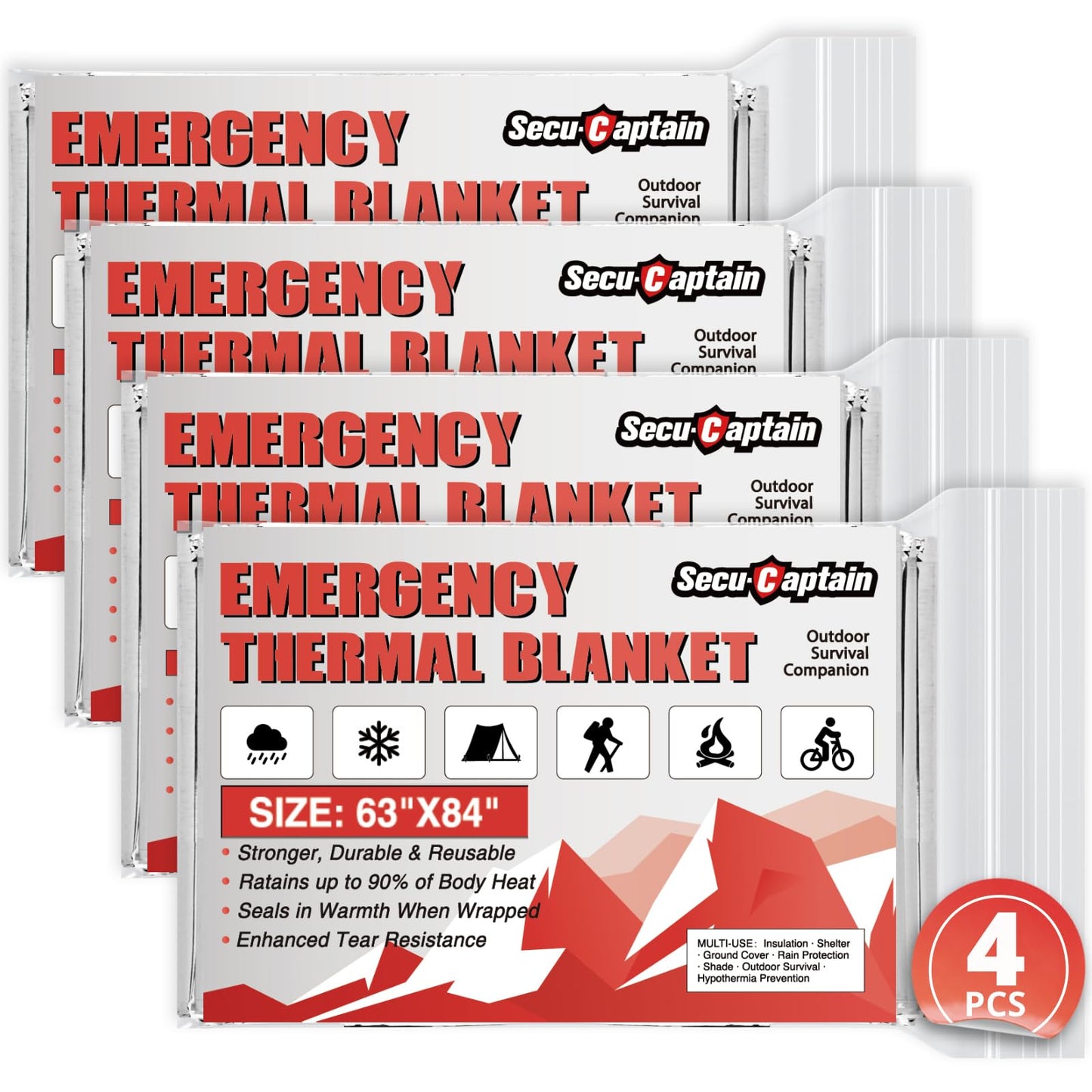 SecuCaptain Survival Emergency Thermal Blankets: Thicken 28um Space Mylar Blanket Kit for Outdoor Cold Winter Camping, Hiking, Car Bug Out Bag, or First Aid - Woodland Camo 4 Pack