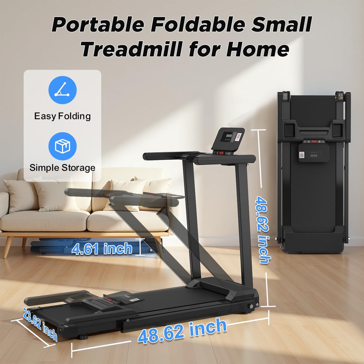 FYC Foldable Treadmill for Small Spaces - 2.5HP Ultra-Quiet Motor, 300lb Capacity with Advanced Shock Absorption, Smart App Control, Compact Walking Treadmill Folding Treadmills