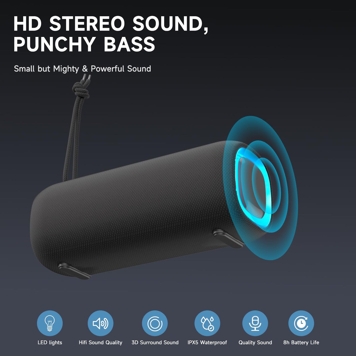 PEICHENG Bluetooth Speaker, Portable Wireless Clear Loud Stereo Sound IPX5 Waterproof with RGB Lights BT5.3 Long Playtime TWS Pairing,for Home Party Outdoor Beach,Great Gift Choice (Black)