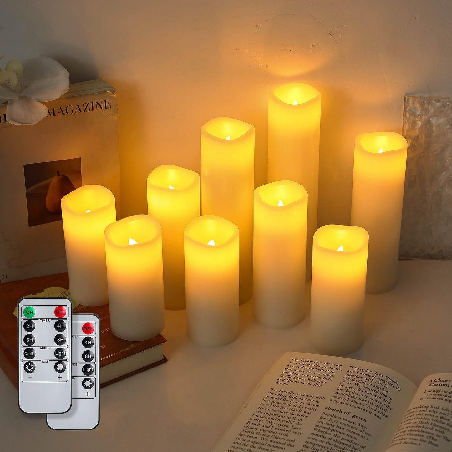 Unieasy Flameless Candles Battery Operated LED Candles with Timer and Remote, Pack of 9 Real Wax Pillar Candles Flickering Candle for Home & Holiday Romantic Decor,(H4.5"4.9"5.8"6.8"7.9"8.6" x D2.3")