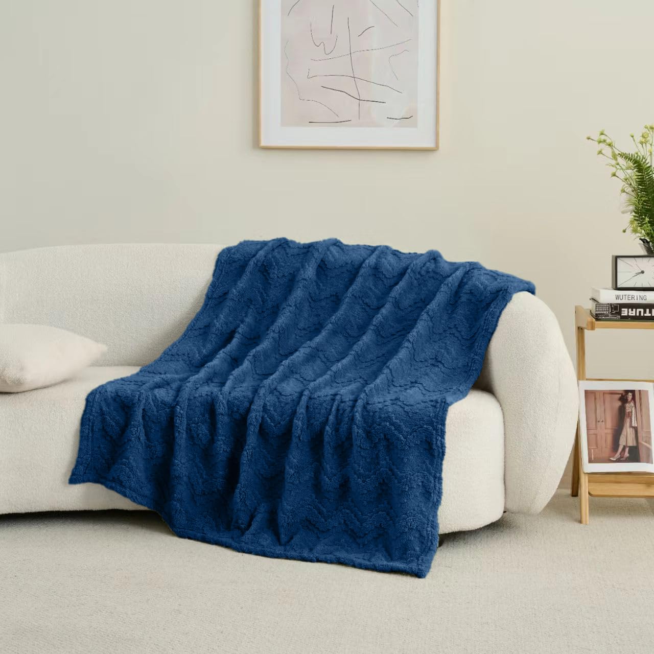 3 Layer Jacquard Throw Blanket - 50x70 Inch Soft Fleece with Wave Pattern, Navy Plush Cozy Blanket for Sofa, Couch, Bed & Chair, All Season Decorative Blanket for Living Room & Bedroom