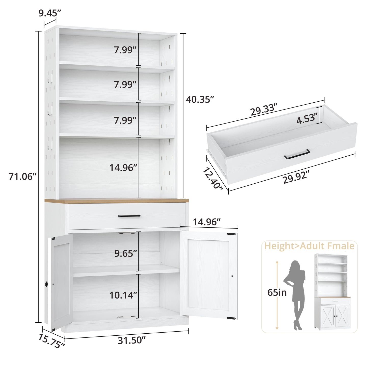 IRONCK Bakers Rack Microwave Stand with Storage and Pegboard, 71" Farmhouse Coffee Bar Cabinet with Drawer, Barn Doors, Adjustable Shelves for Kitchen, Dining Room, Living Room, White