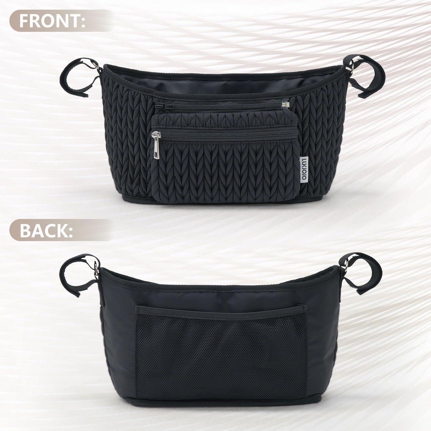 LUKJOJO Stroller Organizer - Stylish 3D Herringbone Quilting Nylon, Universal Fit, Detachable Bag, Adjustable Multi-Storage for Baby Essentials