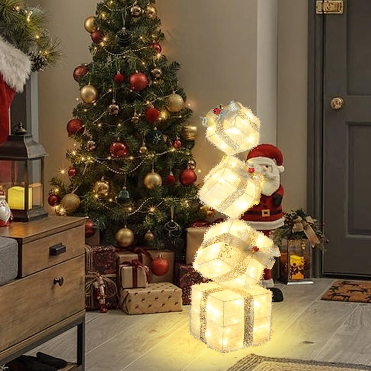 COVFEVER Christmas Lighted Gift Boxes Decorations Set of 4, 2.8Ft Stackable Christmas Nesting Boxes Battery Operated for Home and Party Decoration (8"-6"-5"-4", Silver Bow)