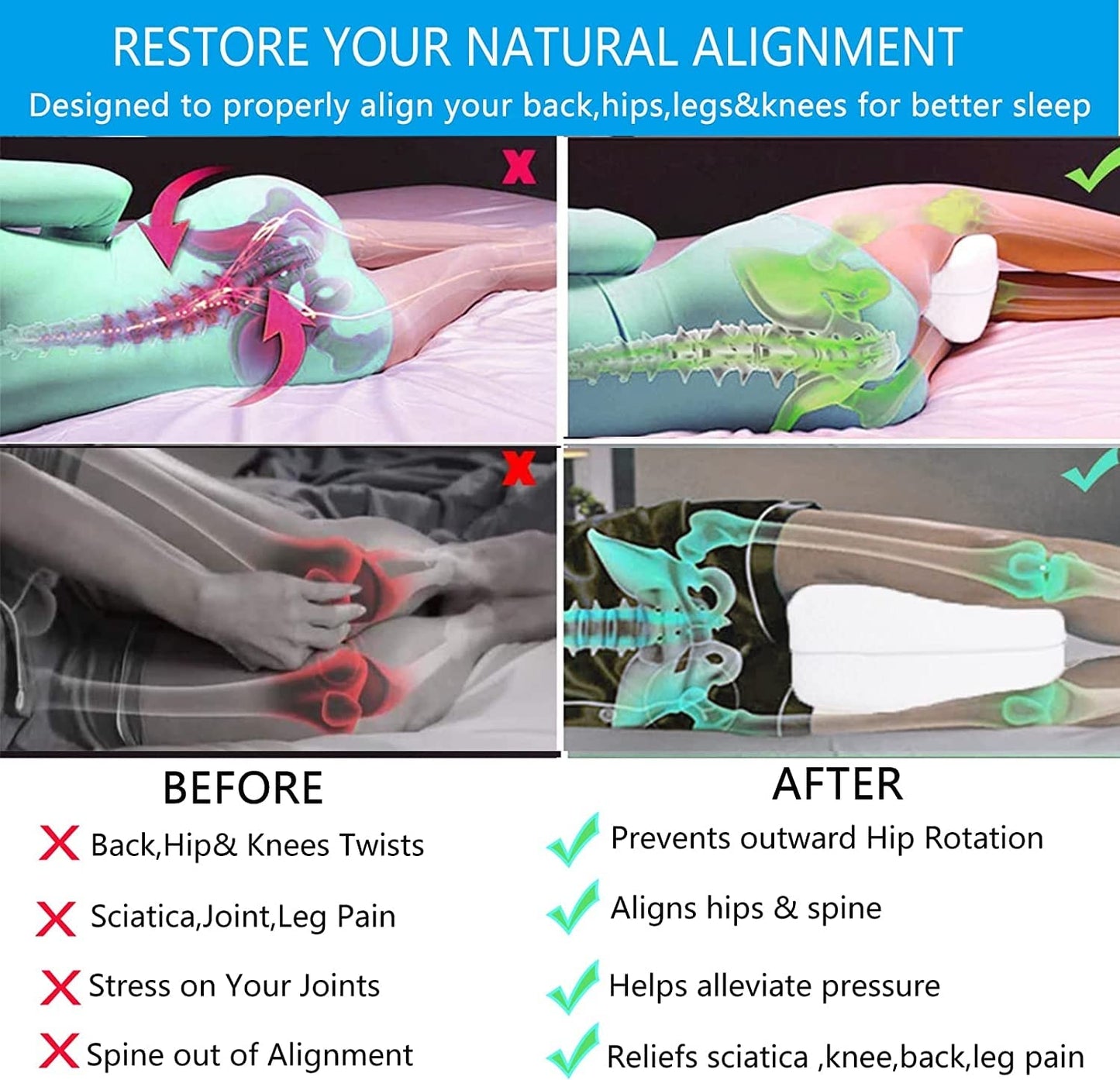 Vertdens Leg Pillow, Knee Pillow for Side Sleepers, Leg Pillows for Sleeping, Knee Cushion for Sleeping,Suitable for Relieving Leg, Back, Knee Pain