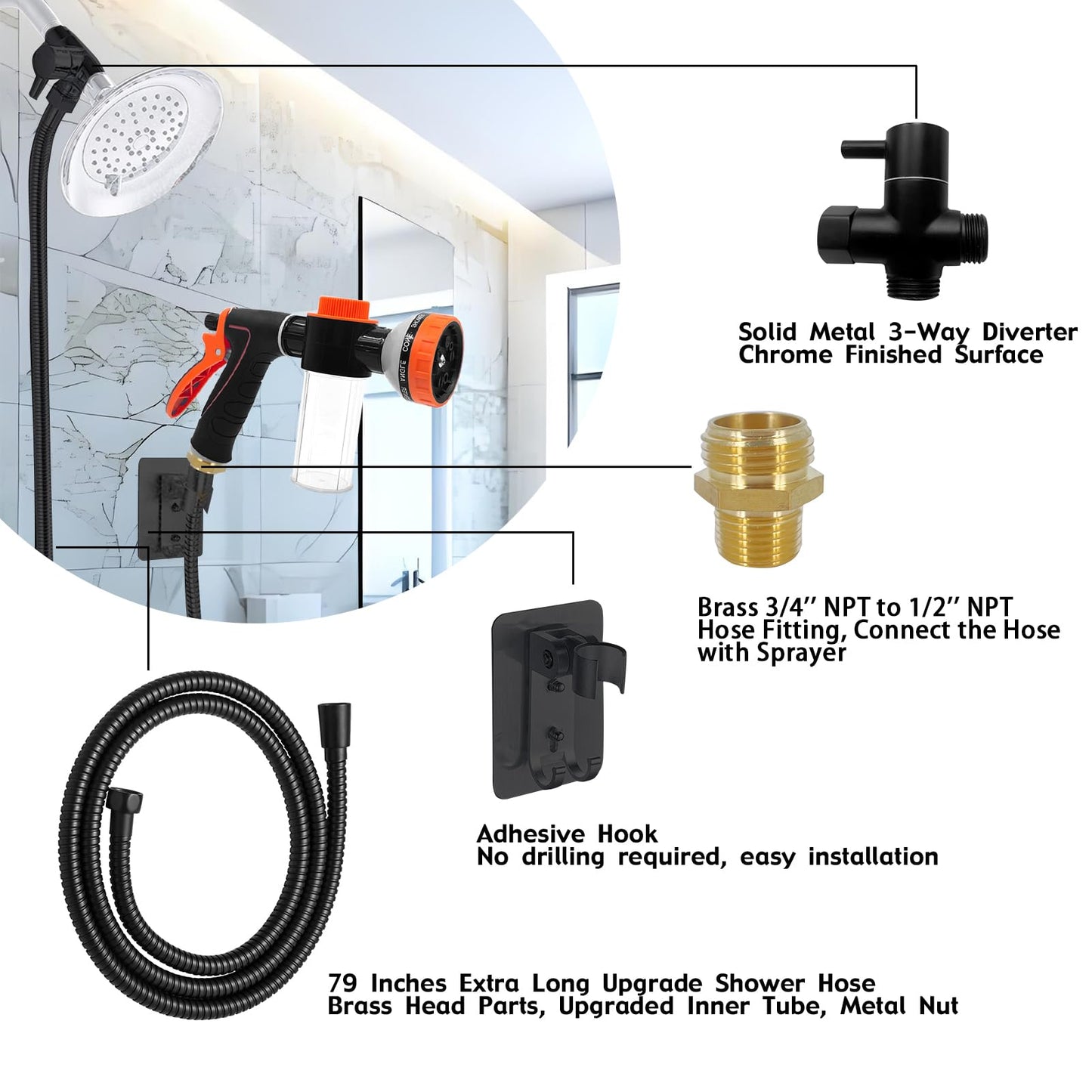 Dog Washing Hose Attachment for Pet Bathing with Black Shower Diverter, Pup Dog Wash Hose Nozzle Shampoo Sprayer for Indoor Outdoor Pet Shower, Dog Shower Attachment with Dog Brush