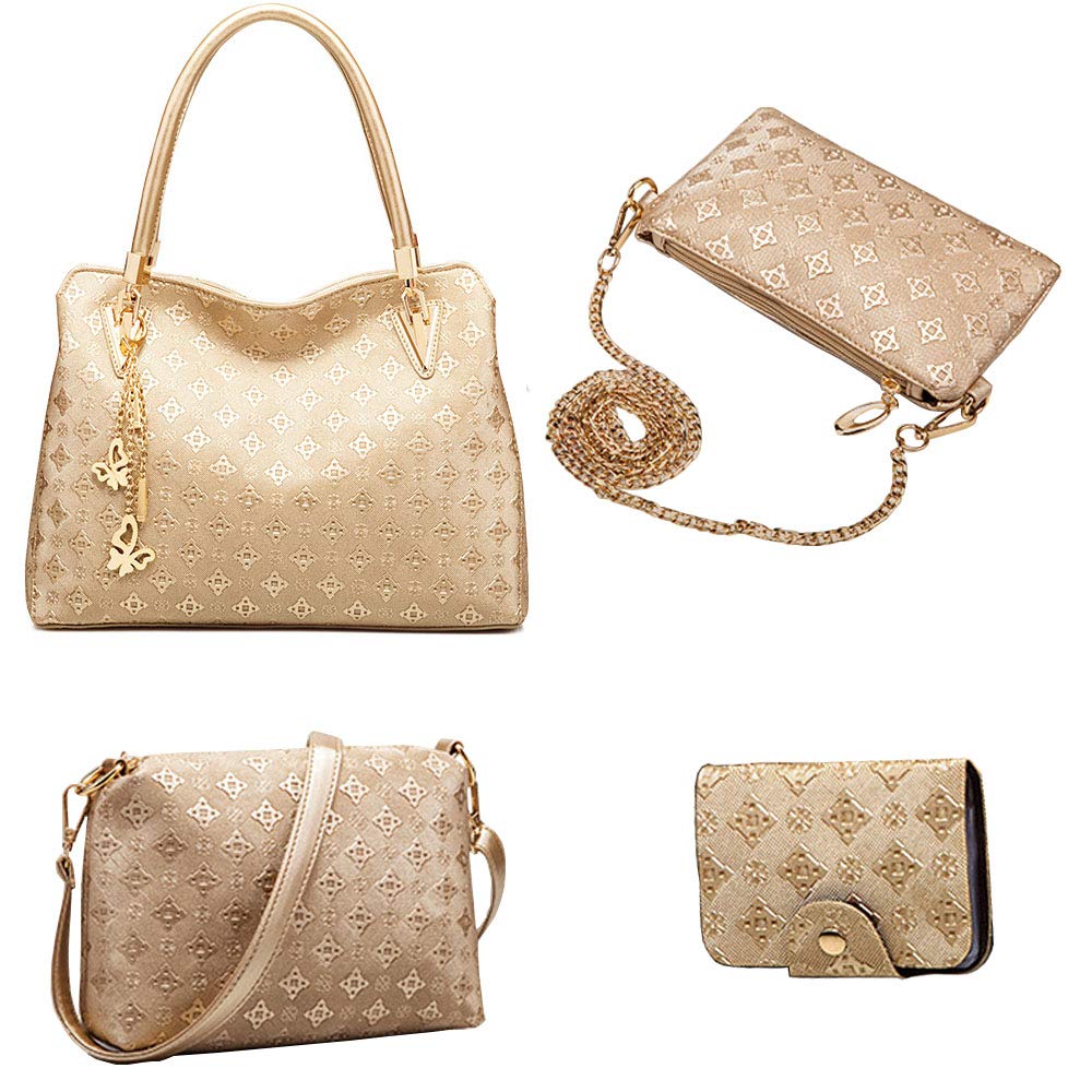 FiveloveTwo Women PU Ladies Handbag Purse Tote Satchel Shoulder Bag Tassel Print 4pcs Set Top Handle Bag Clutch Card Holder Gold