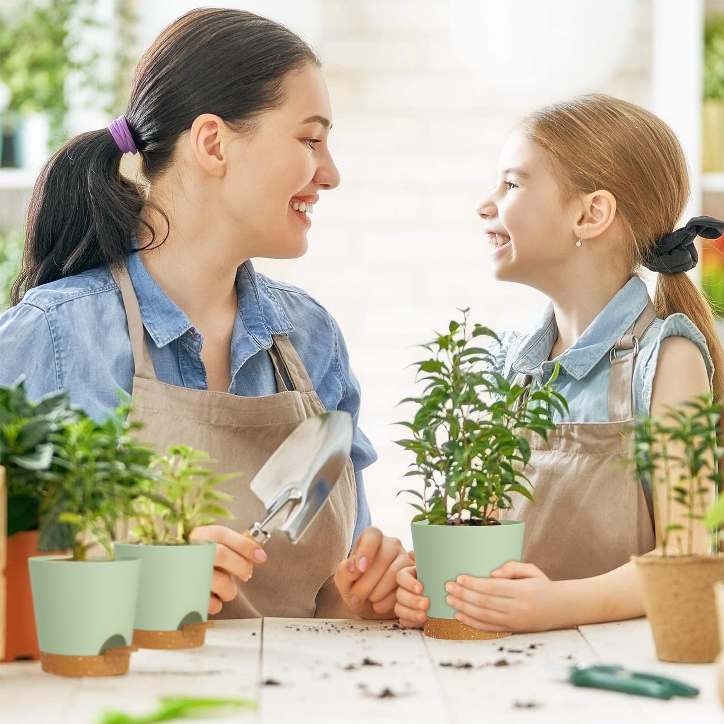 WSMKSZ 4 inch Self Watering Pots for Indoor Outdoor Plants, 6 Pack Plastic Flower Planters with Drainage Holes and Removable Saucers, Plant Pots with Wicking Rope, Modern Decor, Green Brown