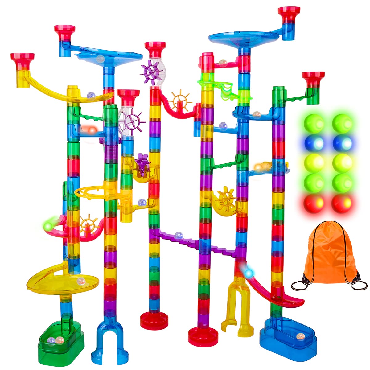 Meland Marble Run - 132Pcs Marble Maze Game Building Toy for Kid, Marble Track Race Set & STEM Learning Toys for Boy Girl Age 3 4 5 6 7 8 9+ (102 Translucent Marbulous Pcs & 30 Glass Marbles)