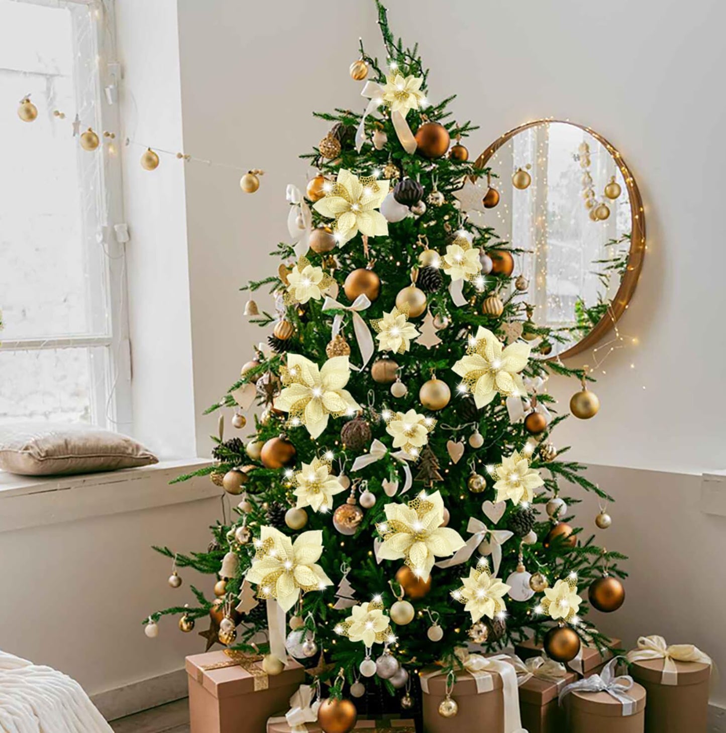 Geefuun 28PCS Christmas Tree Decorations: Poinsettias Artificial Flowers Ornaments Xmas Gold Glitter Flower with Clips