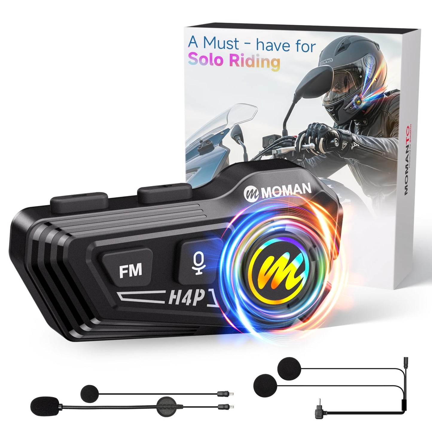 Motorcycle Helmet Headset, Moman RS-H4P Motorbike Headphone with Hi-Fi Speakers Dual Noise Reduction【New Upgrade】in RGB/FM/Glove-Friendly Button/Soft & Hard Mic/AI Voice/IPX6 Earphone for Solo Riding