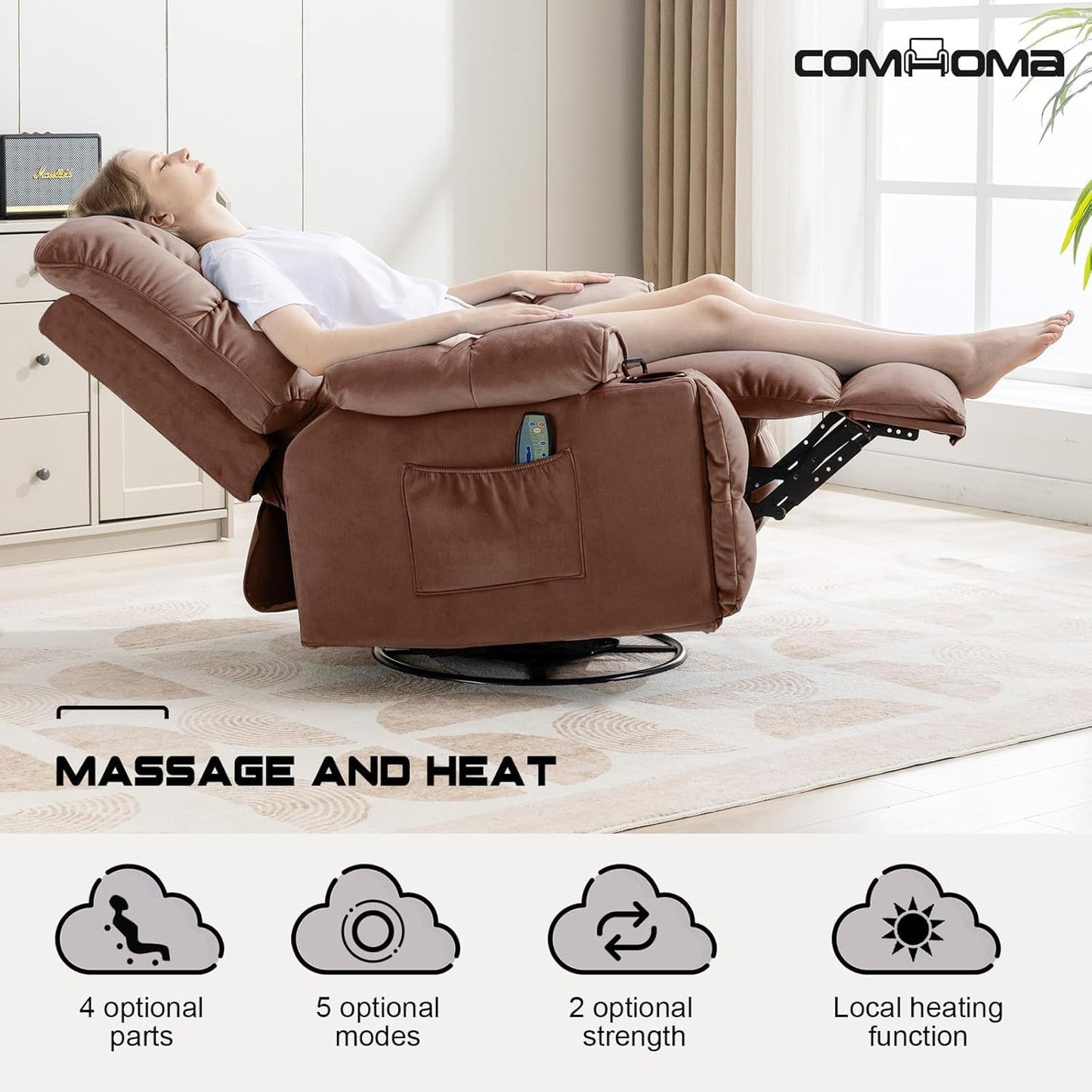 COMHOMA Recliner Chair, Swivel Rocker Recliner with Cup Holders, Heat and Massage, Fabric Recliners Sofa for Living Room (Brown)