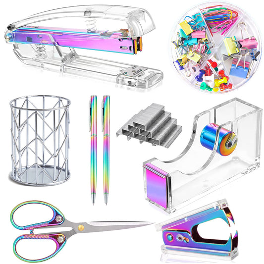 Office Desk Accessories，Office Supplies Set Acrylic Stapler Set Staple Remover, Tape Holder, Pen Holder, 2 Ballpoint Pen, Scissor, Binder Clips, Paper Clips and 1000pcs Staples(Black)