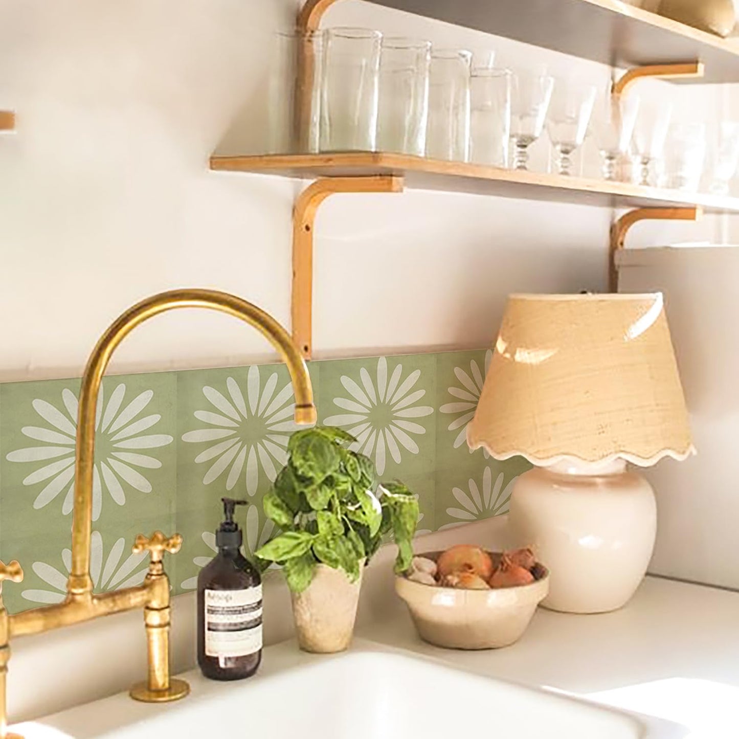 Alwayspon 25PCs Peel and Stick Tile Transfer Stickers, Green White Floral Tile Decal Self-Adhesive Vinyl Backsplash Stick on Tiles for Kitchen Bathroom, 15cm/6inch