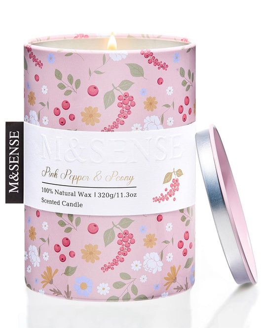 M&SENSE Pink Pepper Peony Scented Candle, Medium Jar Candle 11.3oz Natural Soy Wax for Home Scented, Floral Candles Gift for Spring Holiday, Up to 70 Hours Burning Long-Lasting Fragrance