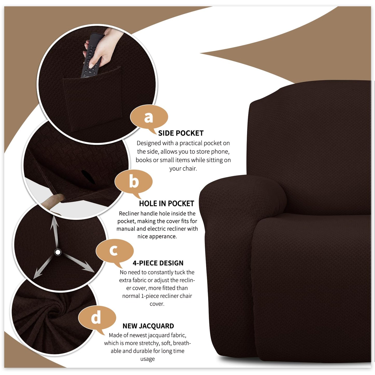 JIVINER 4-Piece Recliner Chair Covers Stretch Jacquard Chair Covers for Reclining Chair Recliner Slipcovers for Living Room Soft Recliner Protector with Pocket (Recliner,Dark Coffee)