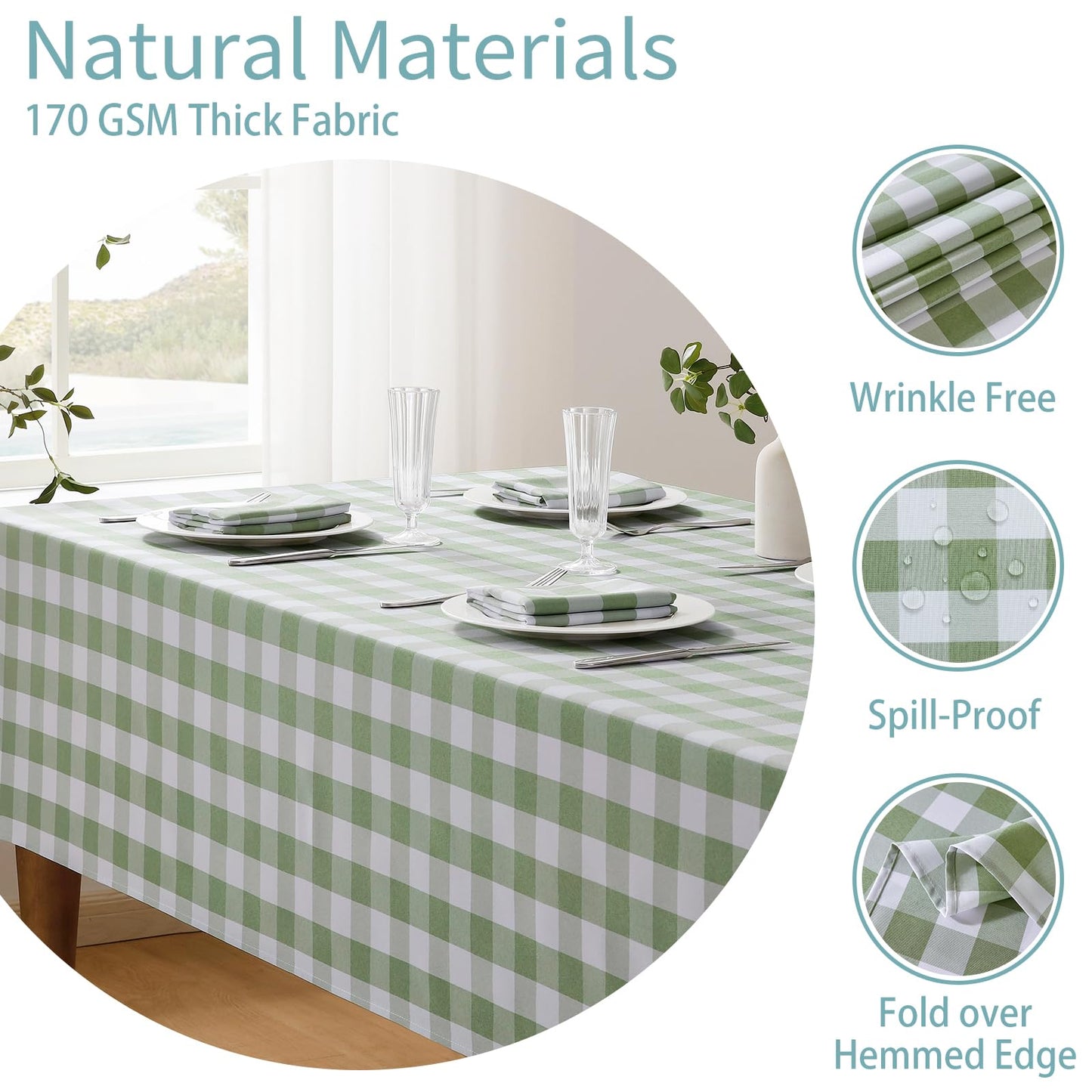 Veblandy Checkered Tablecloth Rectangle Waterproof Gingham Table Cloth Washable Buffalo Plaid Table Cover Wrinkle Free for Kitchen, Dining and Outdoor Picnic, 60 x 102 Inch, Sage Green and White