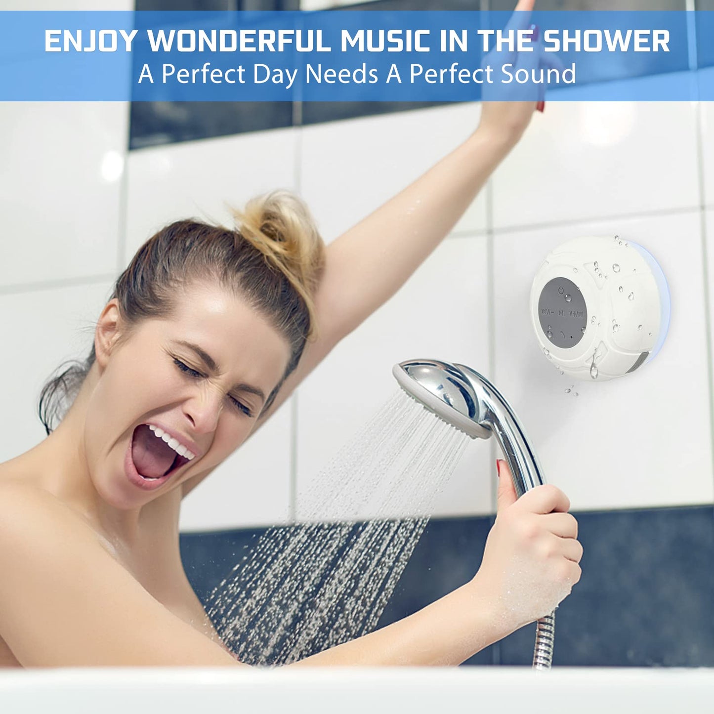 Annlend Waterproof Bluetooth Shower Speaker Portable Wireless Water-Resistant Speaker Suction Cup,Built-in Mic Gifts for Kids Speakerphone for iPhone Phone Tablet Bathroom Kitchen - White