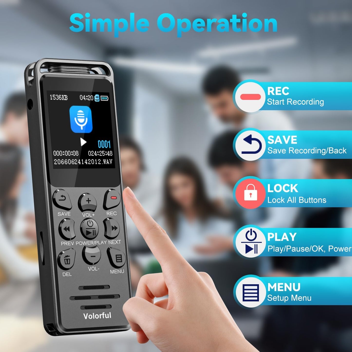 144GB Digital Voice Recorder with Playback, Volorful 1536Kbps Audio Recorder for Interviews Meetings, Voice Activated Recorder Recording Device with Noise Reduction, MP3 Stereo Player, Microphone