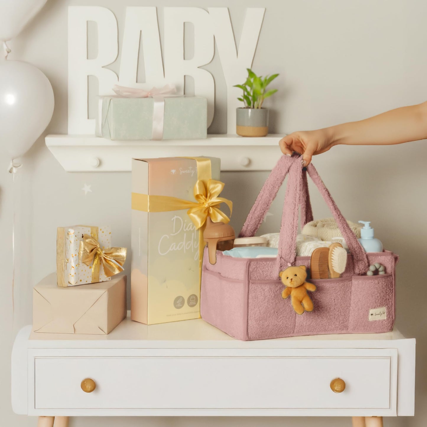 Sweety Fox Baby Diaper Caddy Organizer with Handle - Portable Sherpa Nursery Basket - Car Diaper Organizer, Cleaning Caddy, Gift for Baby Shower - Pink