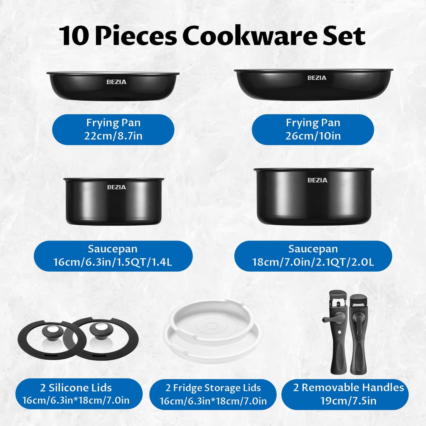 BEZIA Induction Cookware with Healthy Ceramic Coating, Camping Pots and Pans Set Nonstick 10pcs with Detachable Handles, Induction RV Kitchen Set with Removable Handles, Oven Safe