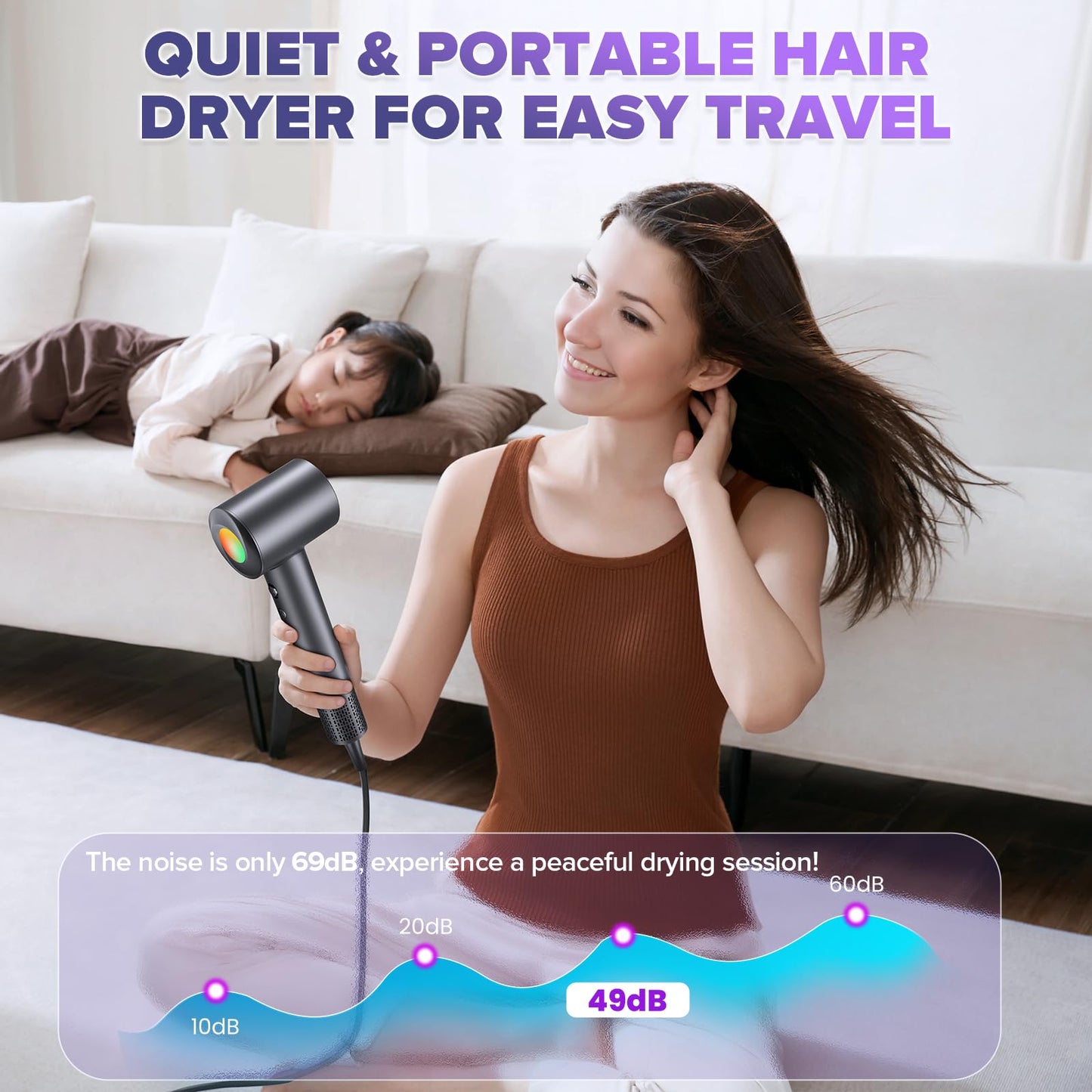 Hair Dryer, 160000 RPM Ionic Hair Dryer Portable Lightweight Blow Dryer with 500 Million Negative Ions, Fast-Drying, Lightweight and Quiet with Diffuser & Nozzle, Perfect for Home and Travel-Black