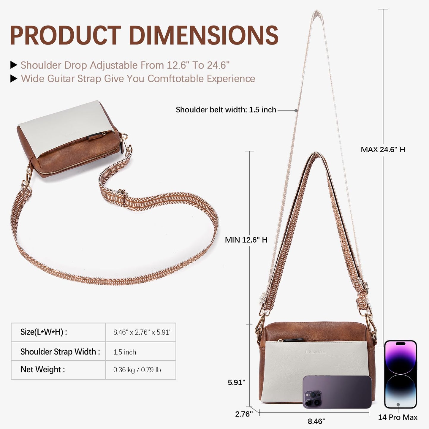 BOSTANTEN Small Crossbody Purse for Women Triple Zip Cell Phone Leather Shoulder Handbag with Wide Guitar Strap Beige with Brown