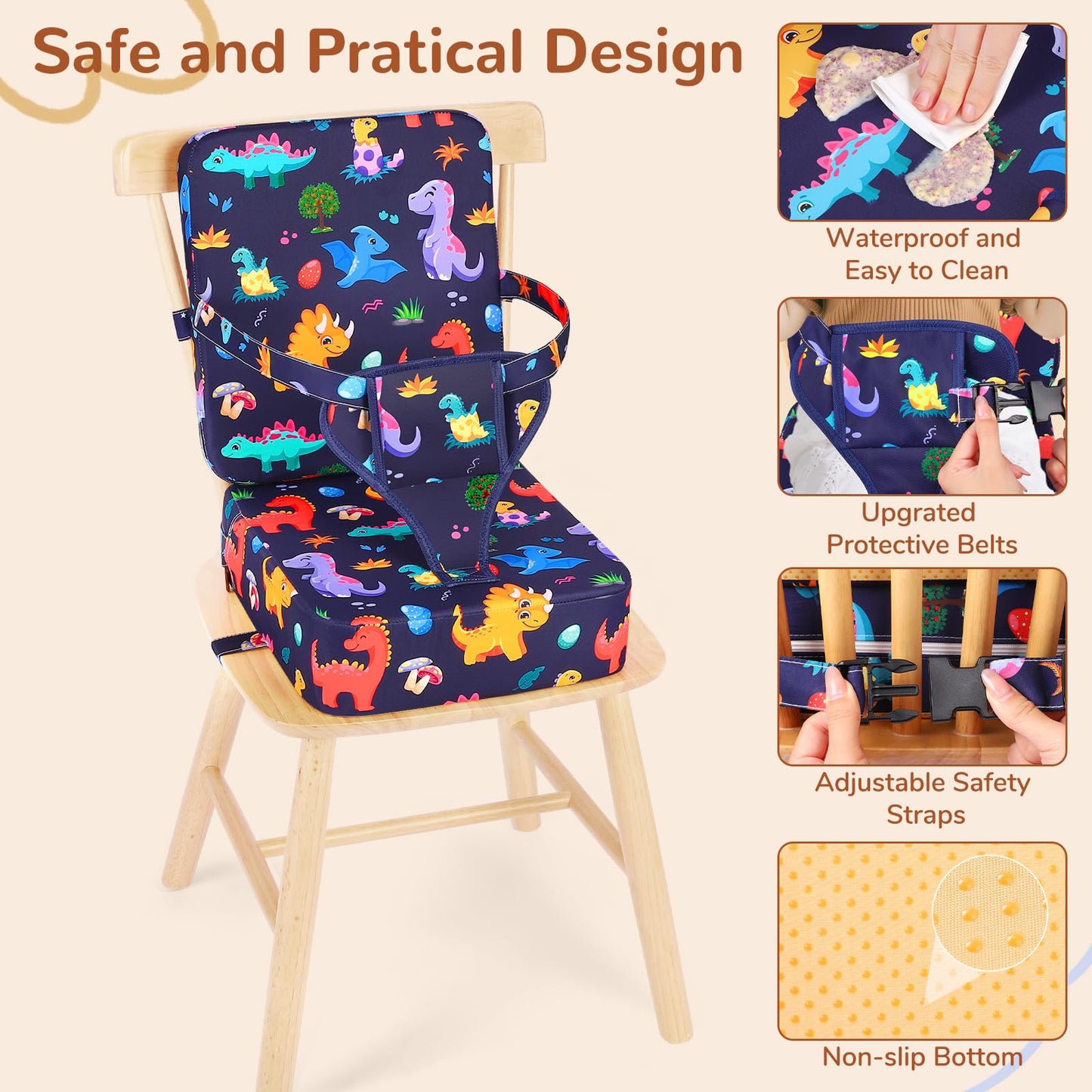 TOTIDYH Toddler Booster Seat for Kitchen Chair, Non-Slip Bottom Dining Table Booster Seat with Backrest and Adjustable Straps, Portable Eating Travel Increasing Cushion