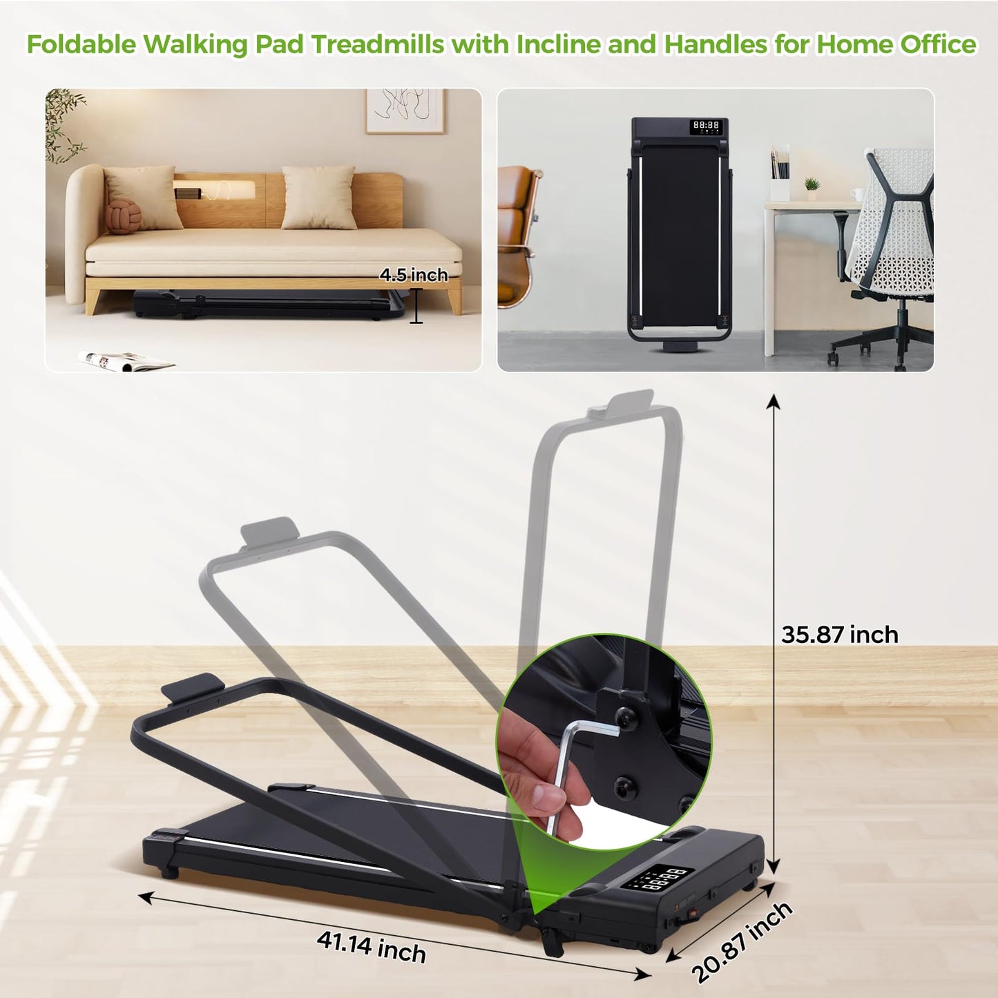 Walking Pad Treadmill with Incline & Handle Bar, 3.0HP Foldable Folding Treadmills for Home Small, Small Portable Treadmill with Handles, Walking pad with Incline and Handle bar, 320LB Capacity