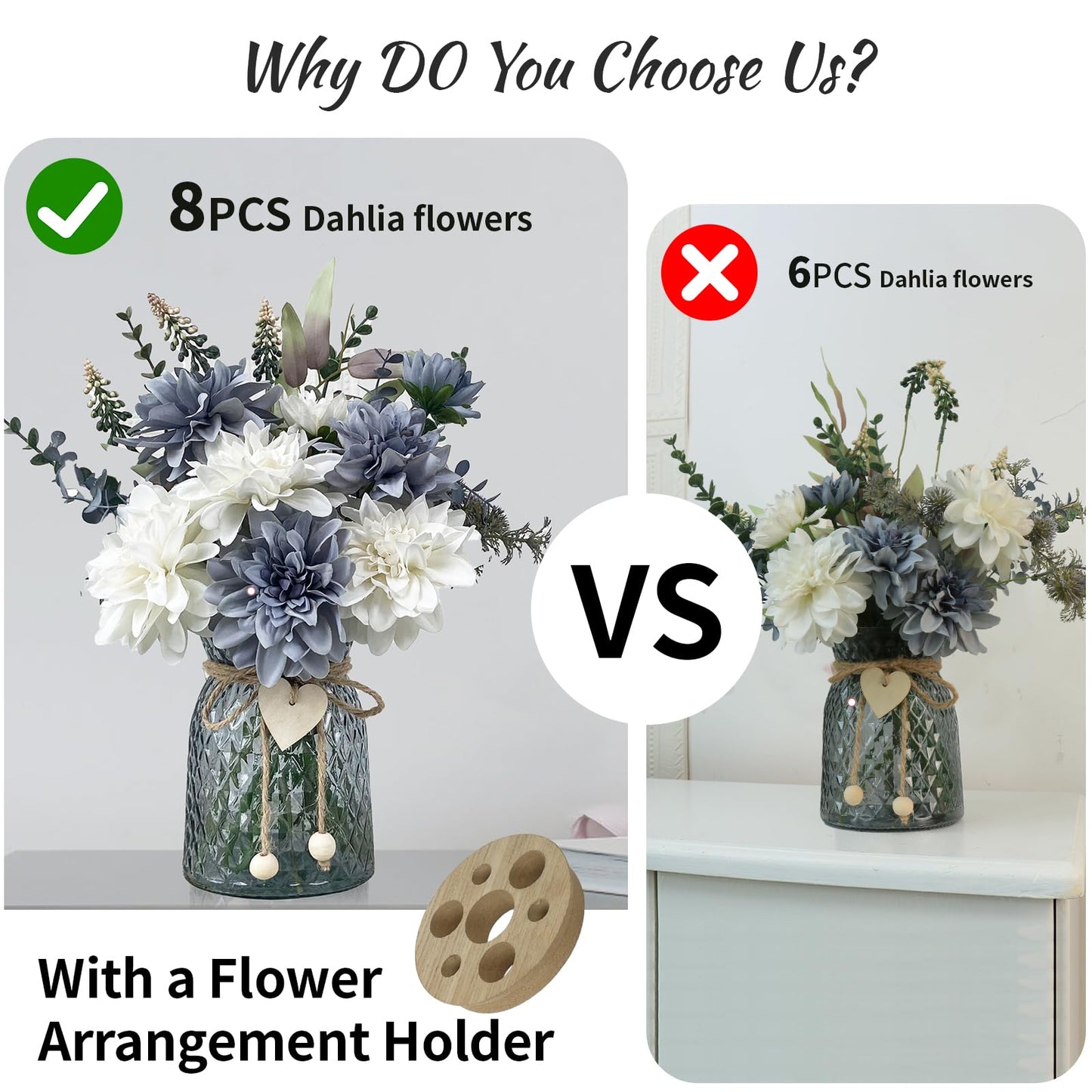 SHINFHOMF Fake Flowers in Vase,8 Dahlias,Silk Artificial Flowers in Vase,Centerpiece Table Decorations,Faux Flowers in Vase with a Flower Arrangement Holder