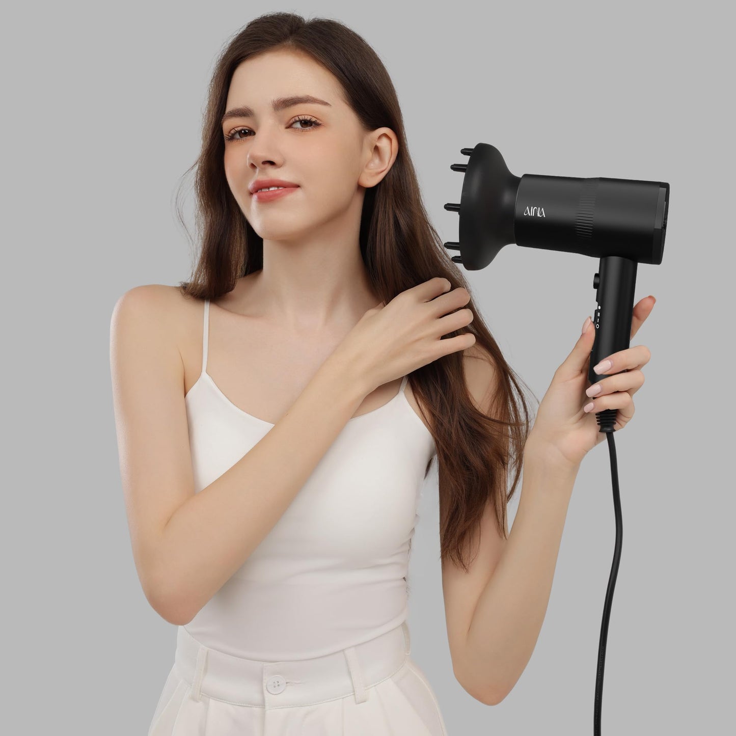 AINA Hair Dryer with Diffuser, Blow Dryer for Women | Advanced Ionic Technology, Ceramic Coating | Cold Shot Features Turbo Heat for Fast Drying and Shine 110V/ALCI(Vader Black)