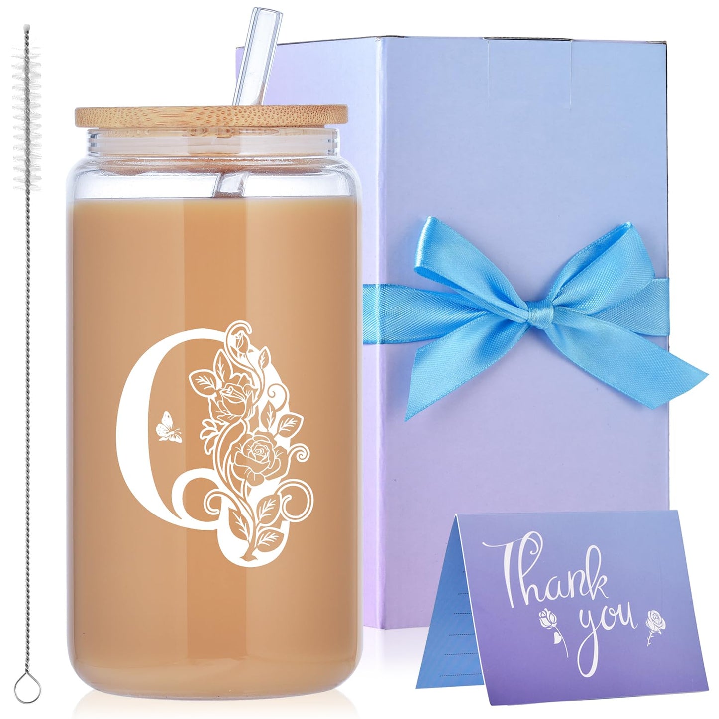 Initial Glass Cups with Lids and Straws, Monogrammed Gifts for Women, 16oz Beer Glass Tumbler, Iced Coffee Mug, Personalized Gift with Box and Card. Employee Appreciation Gifts Birthday Gift for Her