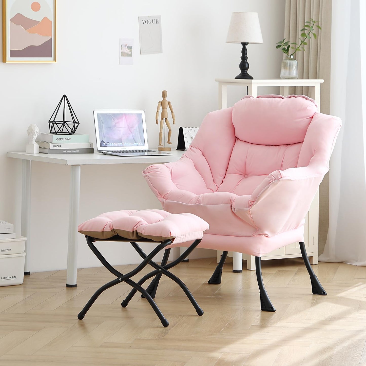 MBOOYOME Lazy Chair with Folding Ottoman, Modern Accent Lounge Armchair with Armrests and a Side Pocket & Foldable Footstool, Leisure Reading Chair for Living Room, Bedroom, Dorm & Office, Pink