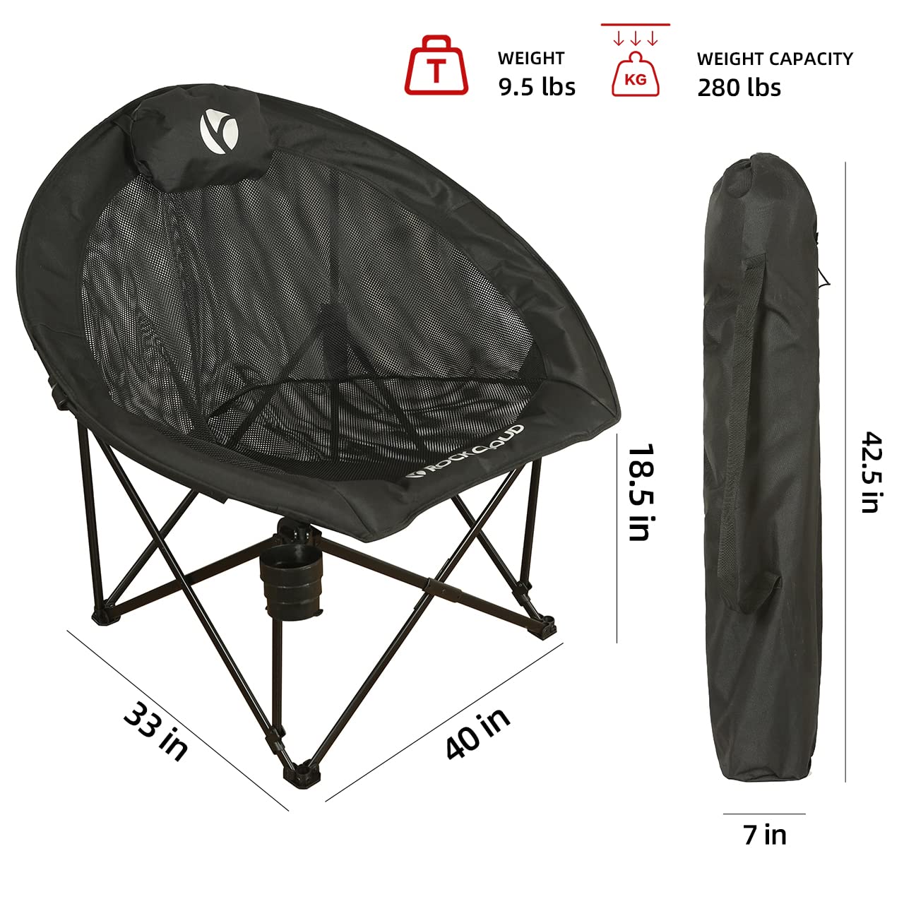 ROCK CLOUD Folding Camping Chair Oversized Padded Moon Chairs Outdoor for Camp Lawn Hiking Fishing Sports, Black