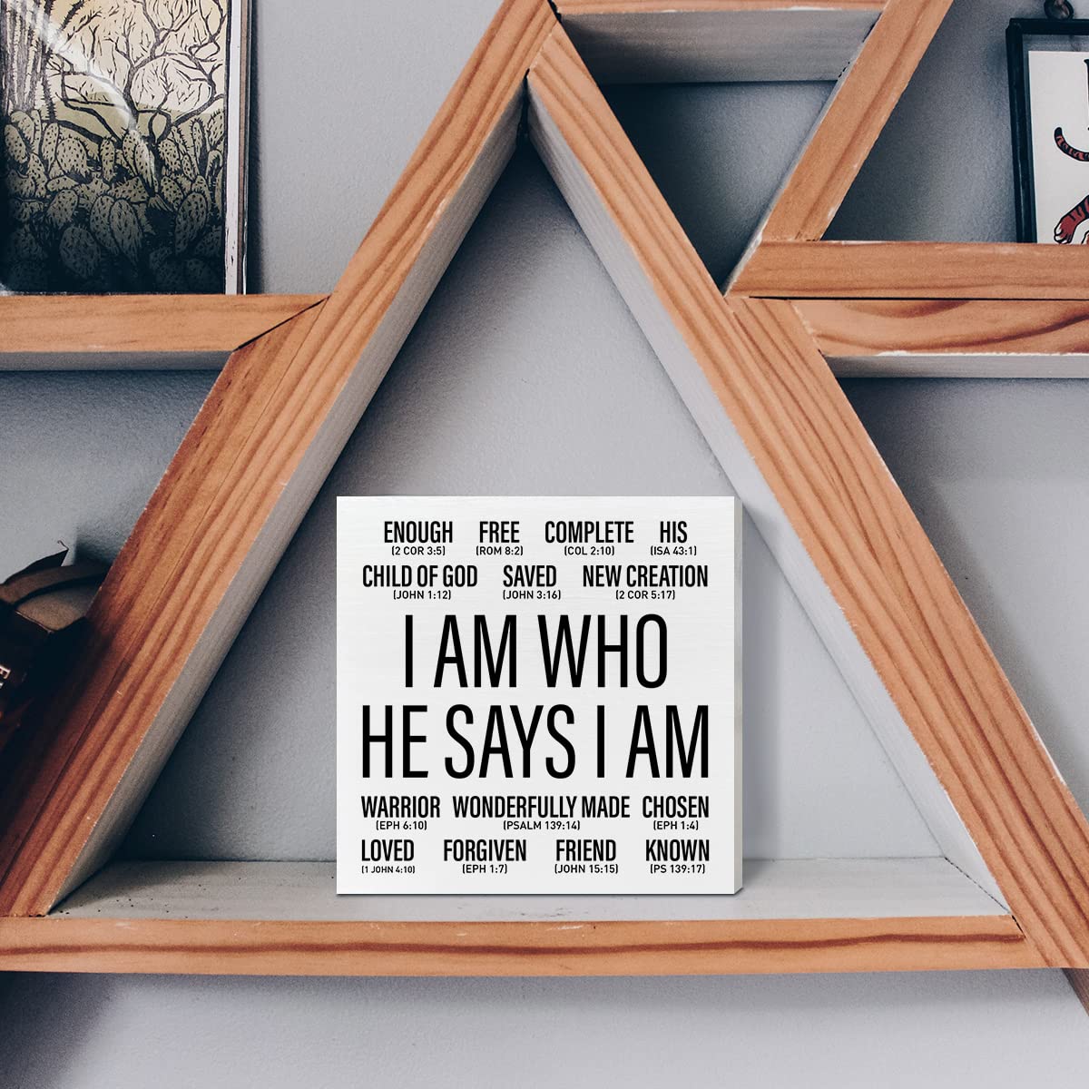 Christian Desk Wooden Box Sign Decor, I Am Who He Says I am, Home Office Religious Motivational Decor Scripture Bible Verse Desk Decoration Inspirational Christian Baptism Gifts for Women Men
