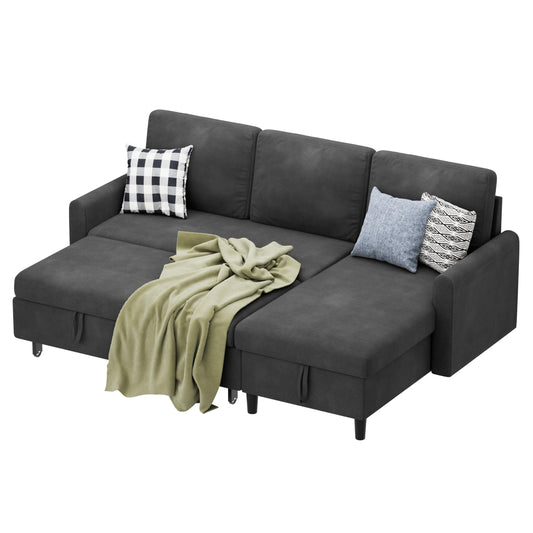Shintenchi Sofa Couch, Sofa Bed- 2 in 1 Pull Out Couch Bed with Storage Chaise for Living Room, Sofa Bed Sectional Sofa Couch Linen Couch (Grey Black)